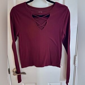 Hollister Burgundy Ribbed Long Sleeve Tee with Criss-Cross Neckline